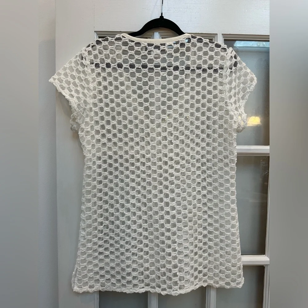 Beyond Vintage Y2K V-Neck Open Crochet Mesh Knit Short Sleeve Top Size Large L - Picture 3 of 9